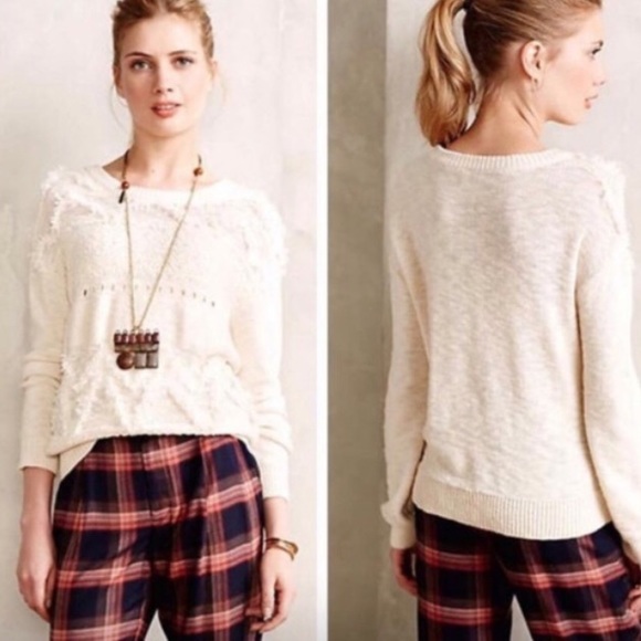 {Anthro / Moth} Bramble Ecru Textured Fringe Macramé-Inspired Boho Sweater - Picture 6 of 8